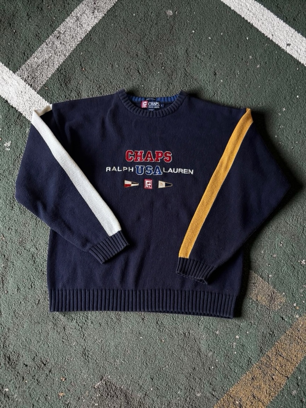 Chaps Ralph Lauren Vintage Hand Framed Navy USA Cotton Crewneck knit Sweater | L